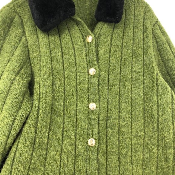 Vintage green knit wool long button up jacket removable black faux fur collar - Picture 6 of 13
